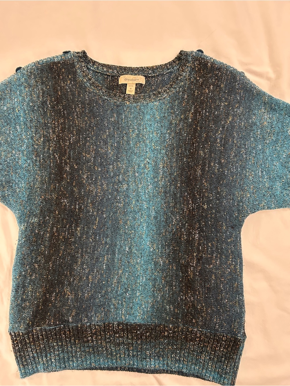 Dressbarn Blue Speckled Short-Sleeve Knit Sweater with Button Detail
